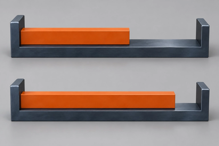 Concept illustration of an orange workpiece against a left datum, with a larger right-end gap above and a smaller gap below