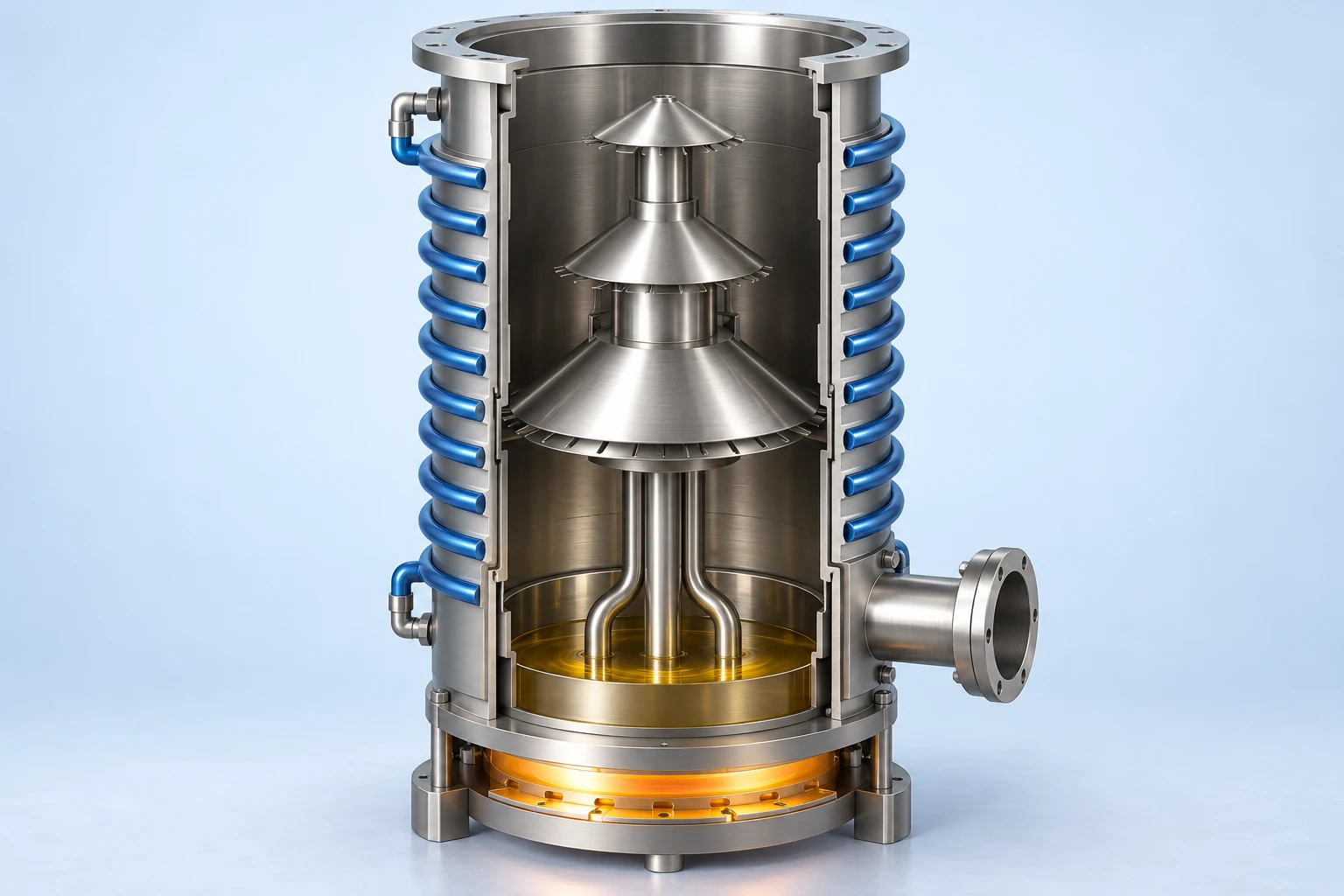 Original cutaway illustration of a multistage diffusion pump with a lower boiler, jet tower and cooled casing