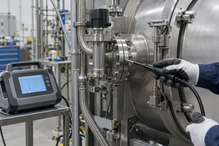 Helium leak check around a vacuum furnace flange and door seal
