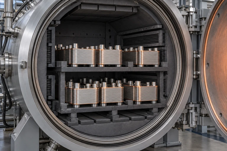Two-tier load of stainless steel oil coolers inside a horizontal vacuum brazing furnace