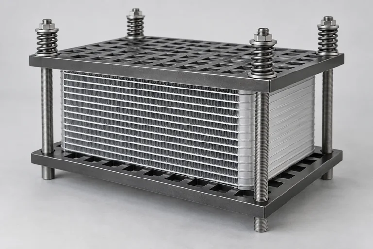 Illustration of an aluminum plate-fin core between grid platens with tie rods and compression springs