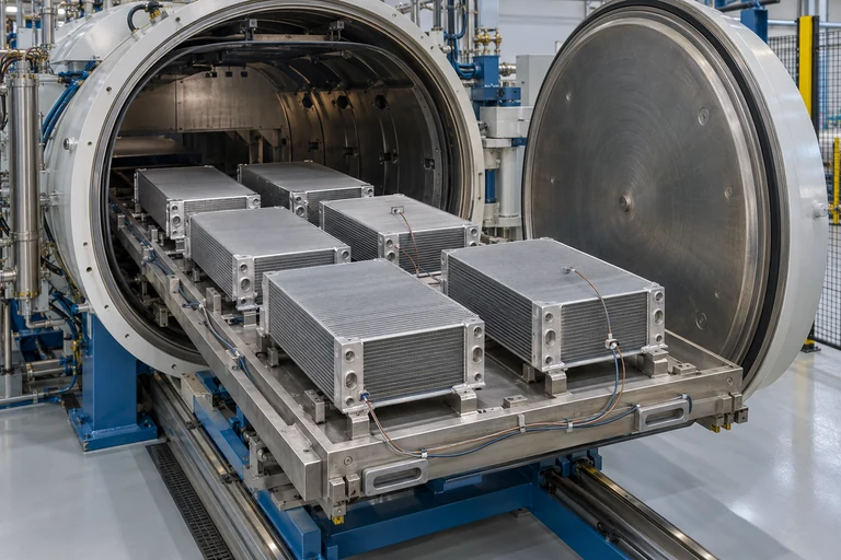 Illustration of six spaced aluminum heat-exchanger cores with routed thermocouples on a tray entering a horizontal vacuum furnace