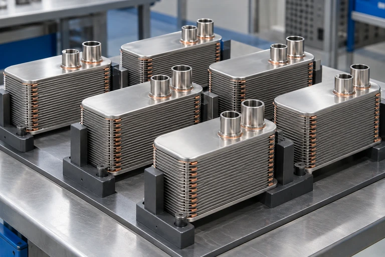 Stainless steel stacked-plate oil coolers positioned in brazing fixtures with copper filler at the joints