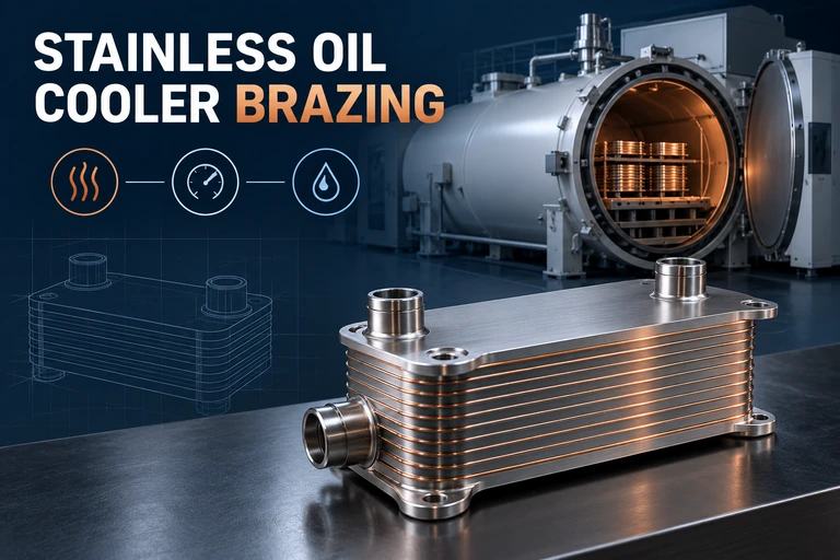 Stainless steel stacked-plate oil cooler beside a vacuum brazing furnace