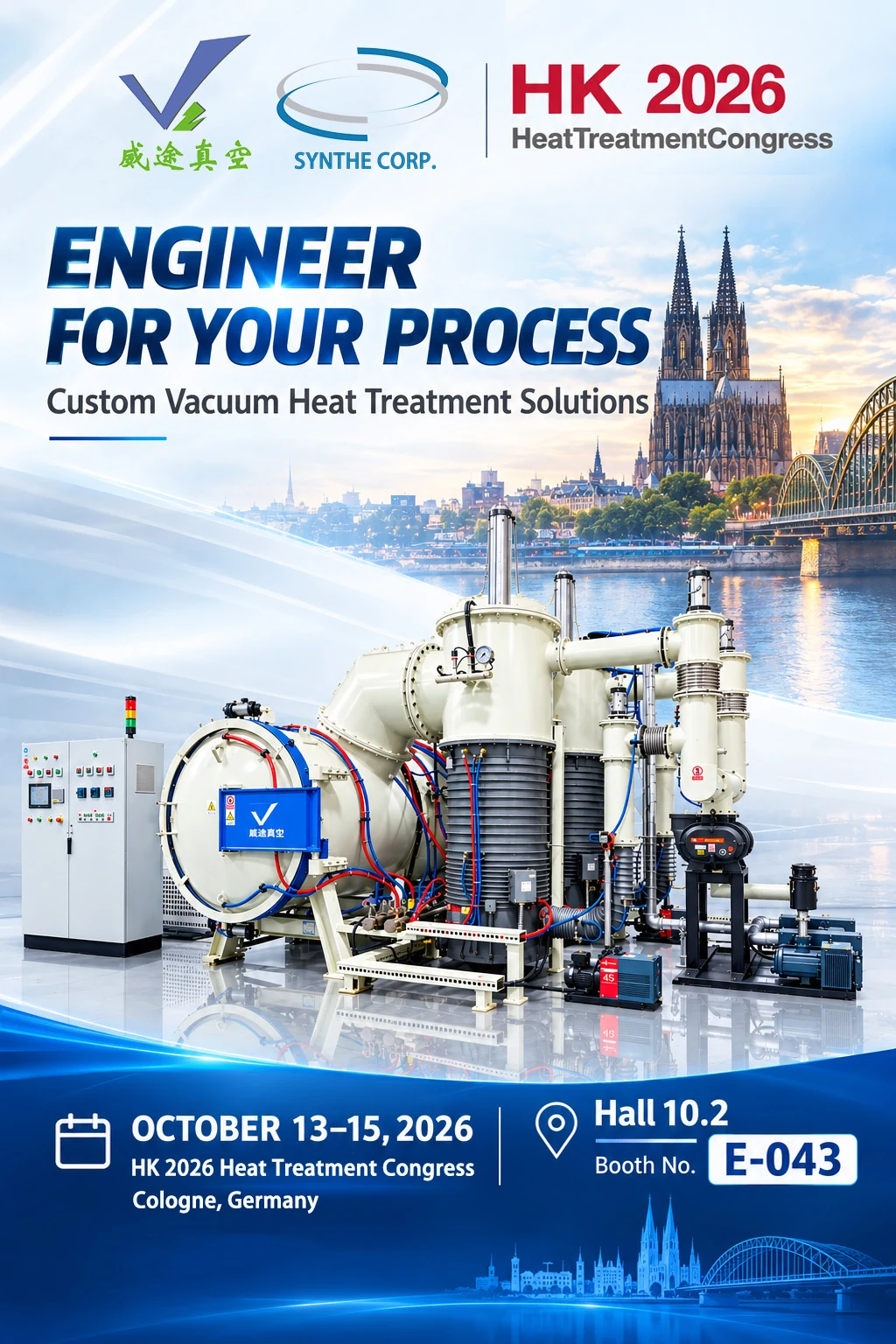 SYNHTE HK 2026 invitation showing a vacuum furnace system, Cologne skyline and Booth E-043 details