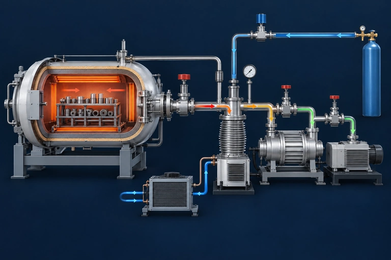 Vacuum furnace pump train and backfill gas diagnostic flow