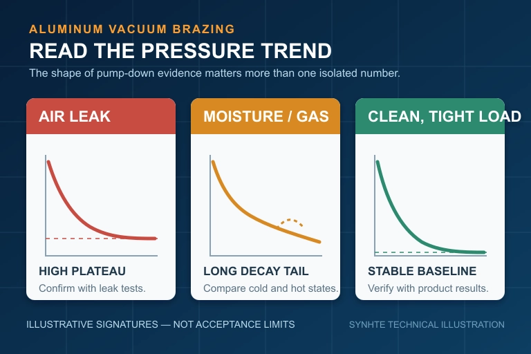 Illustrative vacuum pressure trends for an air leak, moisture or desorption, and a clean tight load